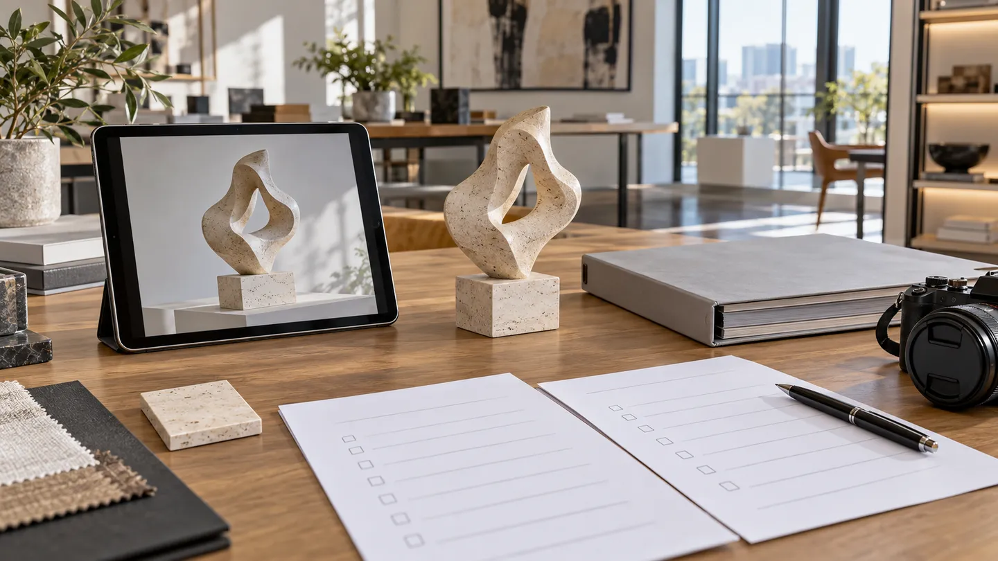 Concept handover review desk with a sculpture study, matching tablet photograph, sample and document folder