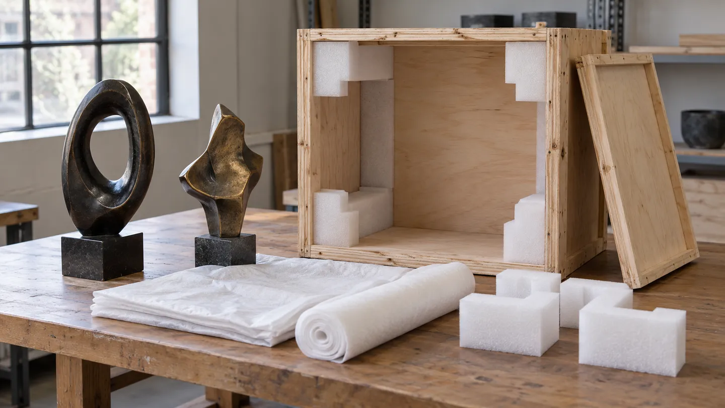 Concept packing preparation showing a sculpture, open plywood crate, foam supports and protective wrapping