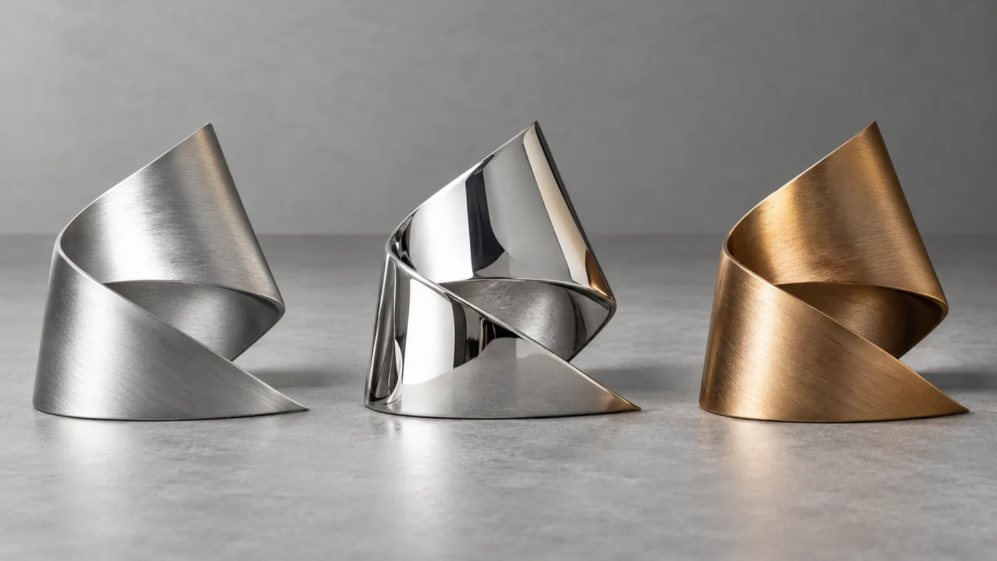 Concept comparison of the same folded sculpture silhouette in brushed, mirror-like and bronze-tone finishes