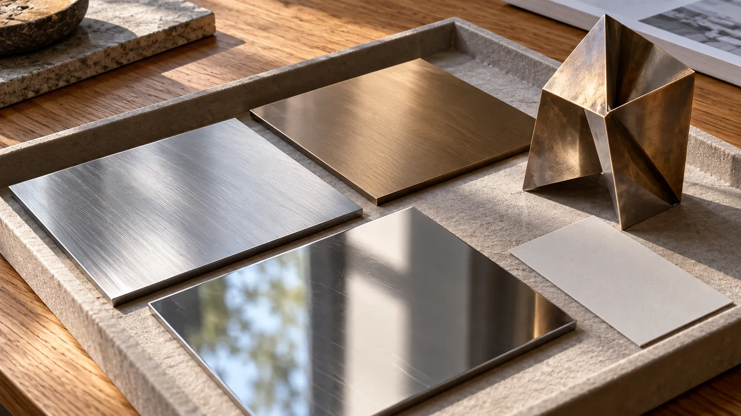 Concept close-up of brushed, reflective and bronze-tone surface samples beside an abstract sculpture study