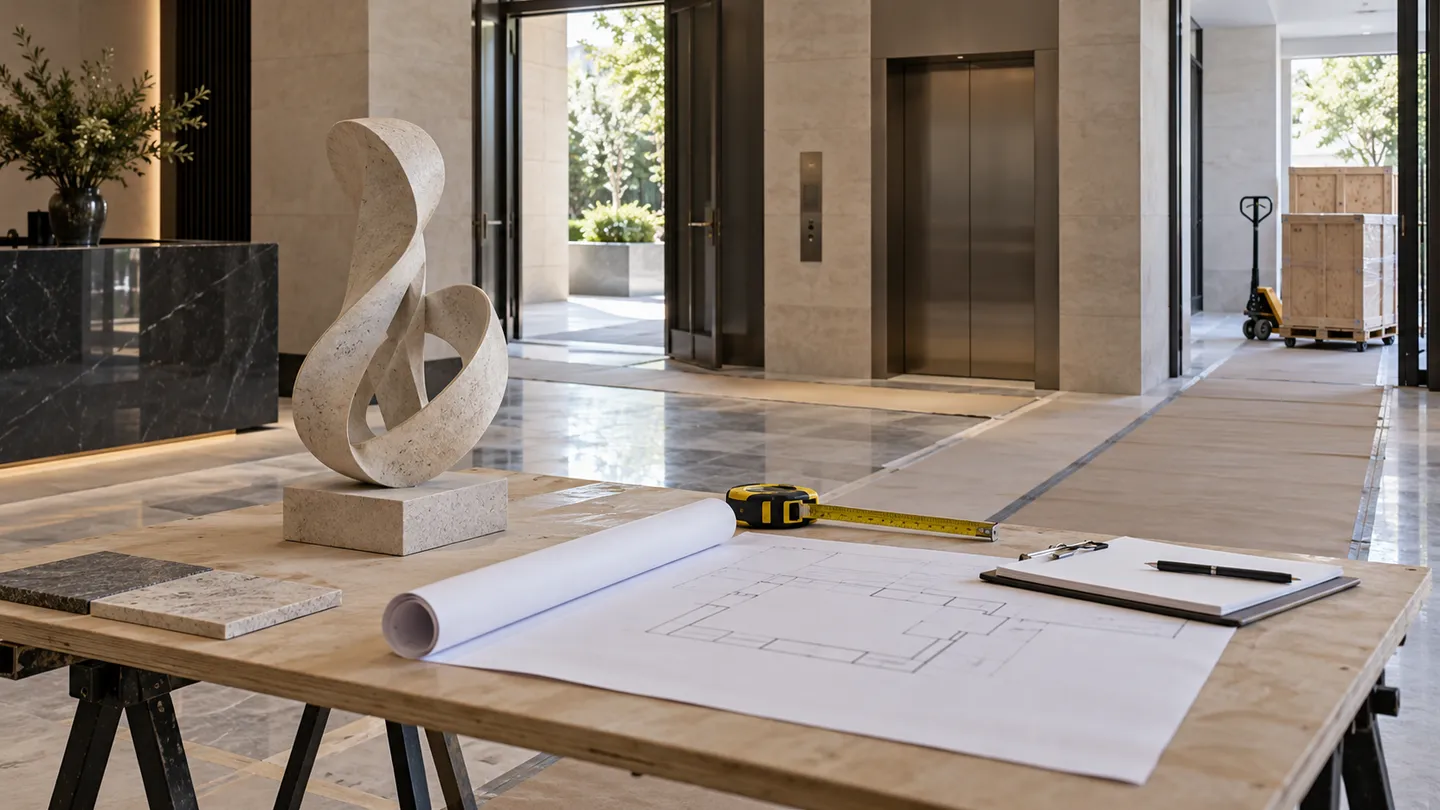 Concept view of a hotel lobby delivery route with doorway, elevator and sculpture planning table