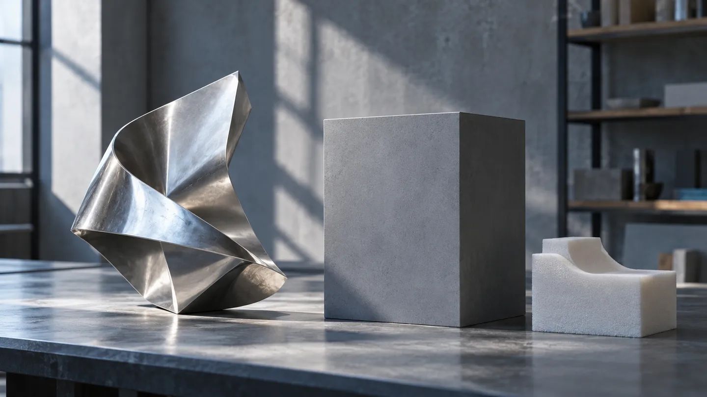 AI concept showing an abstract metal sculpture study beside separate pedestal and support-boundary mockups
