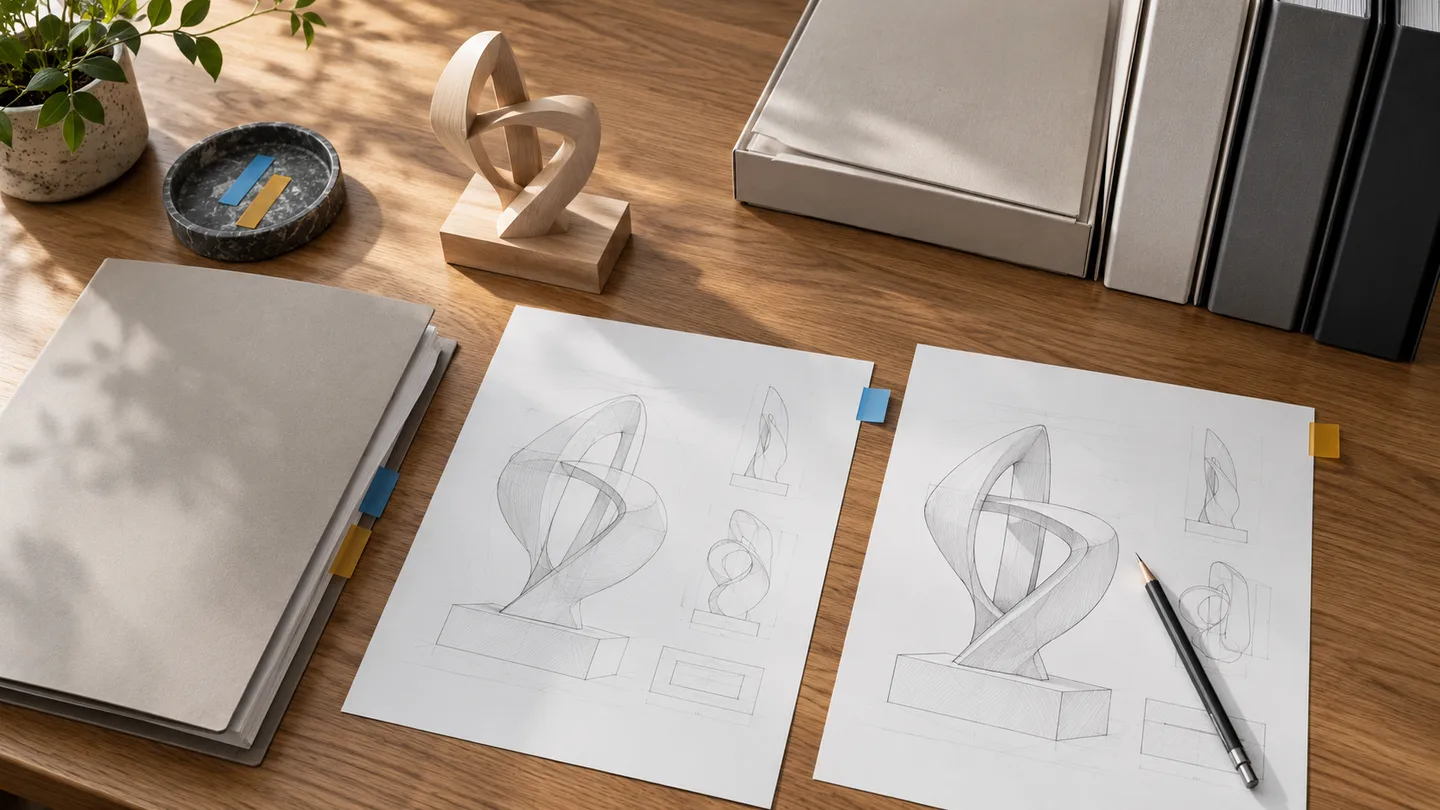 AI concept of separate sculpture review sheets with colored tabs and an organized revision folder