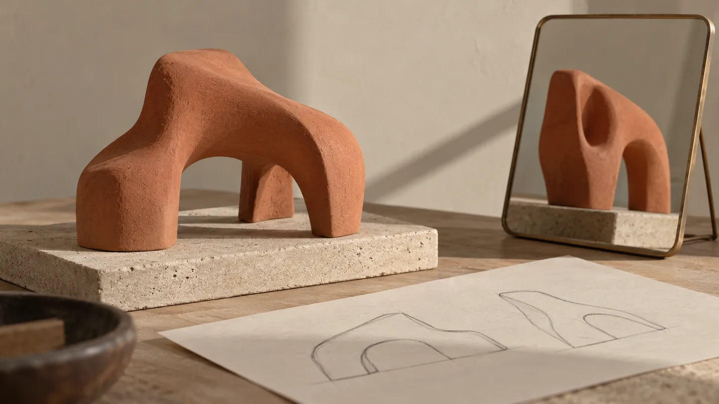 AI concept of a clay sculpture maquette viewed directly and in a mirror to expose its rear profile