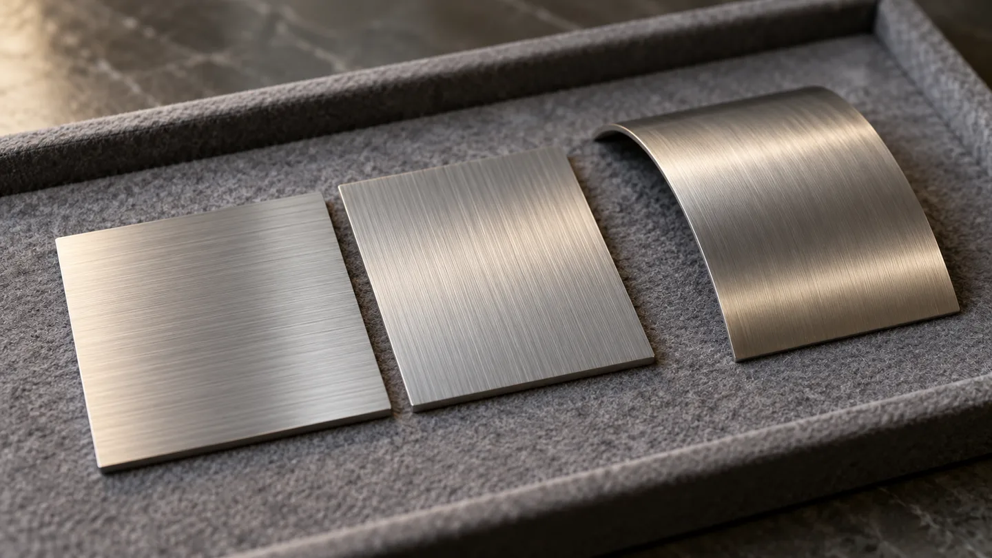 AI concept of brushed metal coupons with different grain directions beside a curved metal sample form