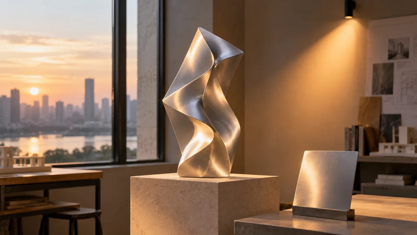AI concept of a satin metal sculpture study and a sample viewed beside daylight and a warm interior luminaire
