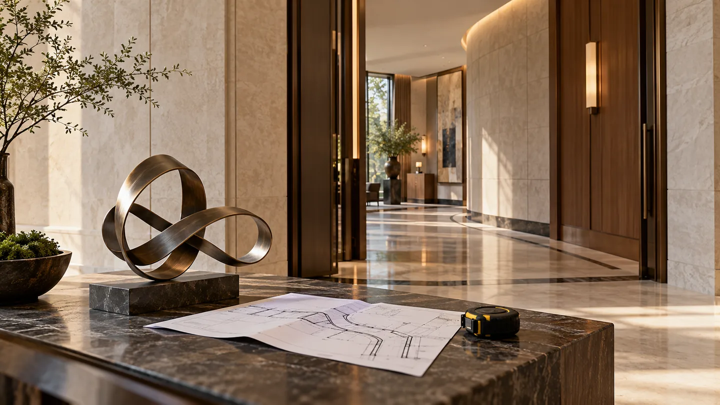AI concept of a hotel access survey desk with a sculpture model and a doorway and corridor beyond