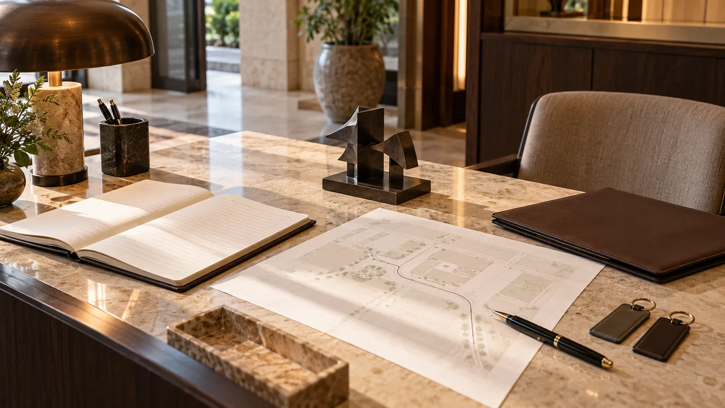 AI concept of a hotel coordination desk with a blank diary, route plan and sculpture model