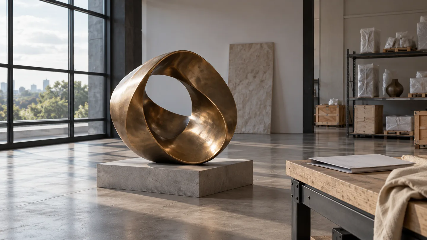 AI concept of an abstract satin bronze loop in a quiet inspection room with a blank checklist folder nearby