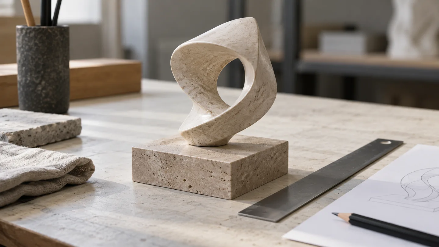 AI concept of a sculpture pedestal interface beside a ruler and a blank reference diagram on a worktable