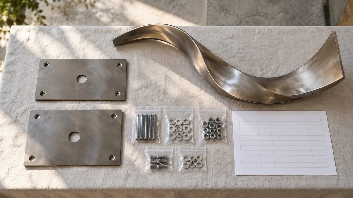AI concept of discrete sculpture plates, a decorative curved component and hardware bags beside a blank inventory sheet