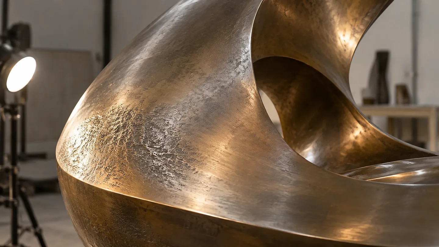 AI concept close view of a textured warm metal sculpture surface under an adjacent inspection lamp