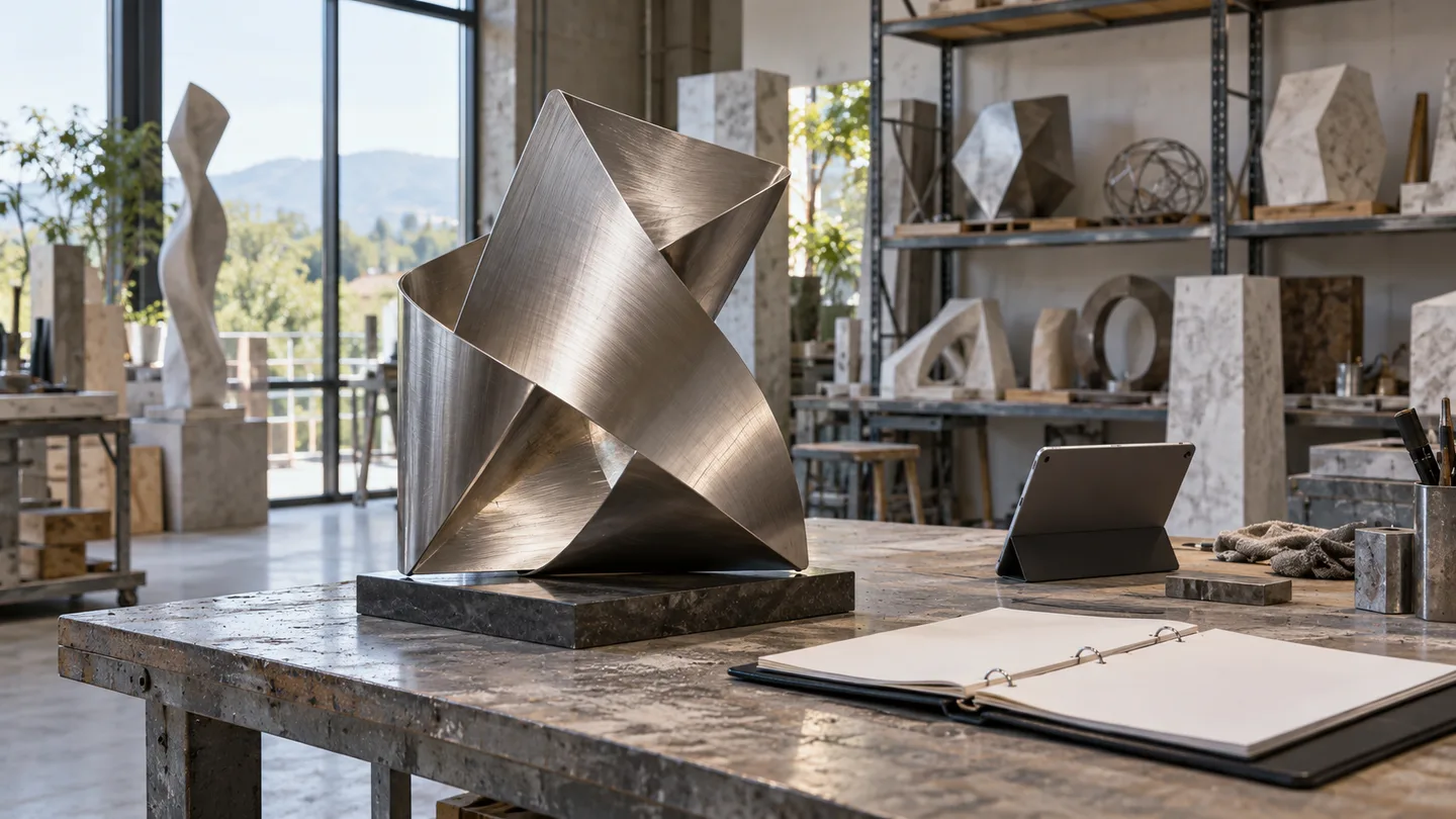 AI concept of a metal sculpture studio with a blank progress binder and an unbranded tablet beside an abstract work