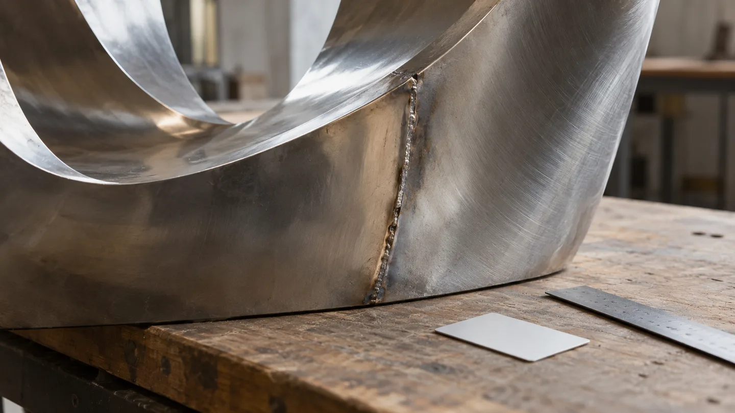 AI concept close-up of an unfinished metal sculpture junction with an adjacent blank identification card