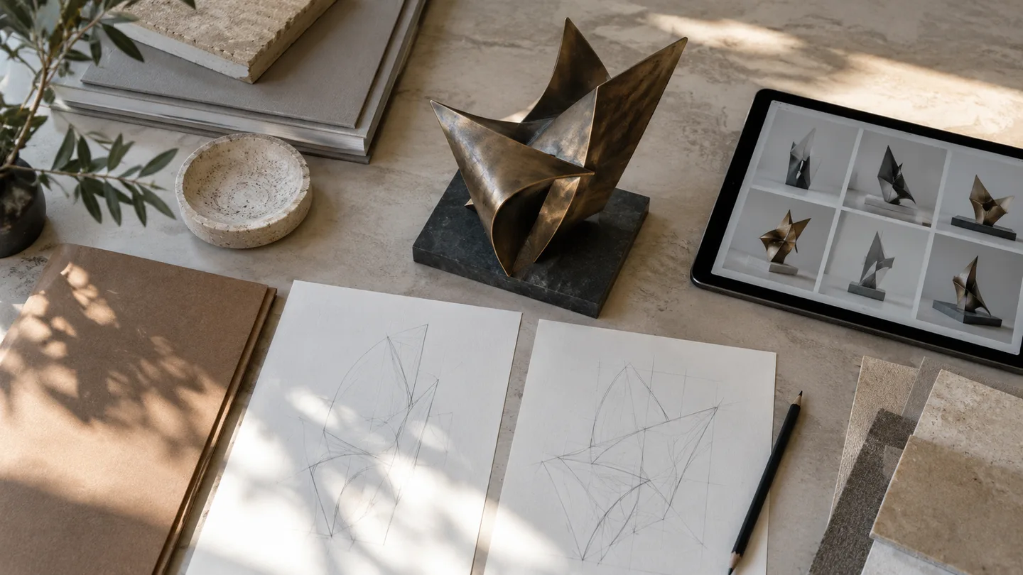 AI concept of a sculpture review desk with a maquette, neutral thumbnail images and unlabelled drawing sheets