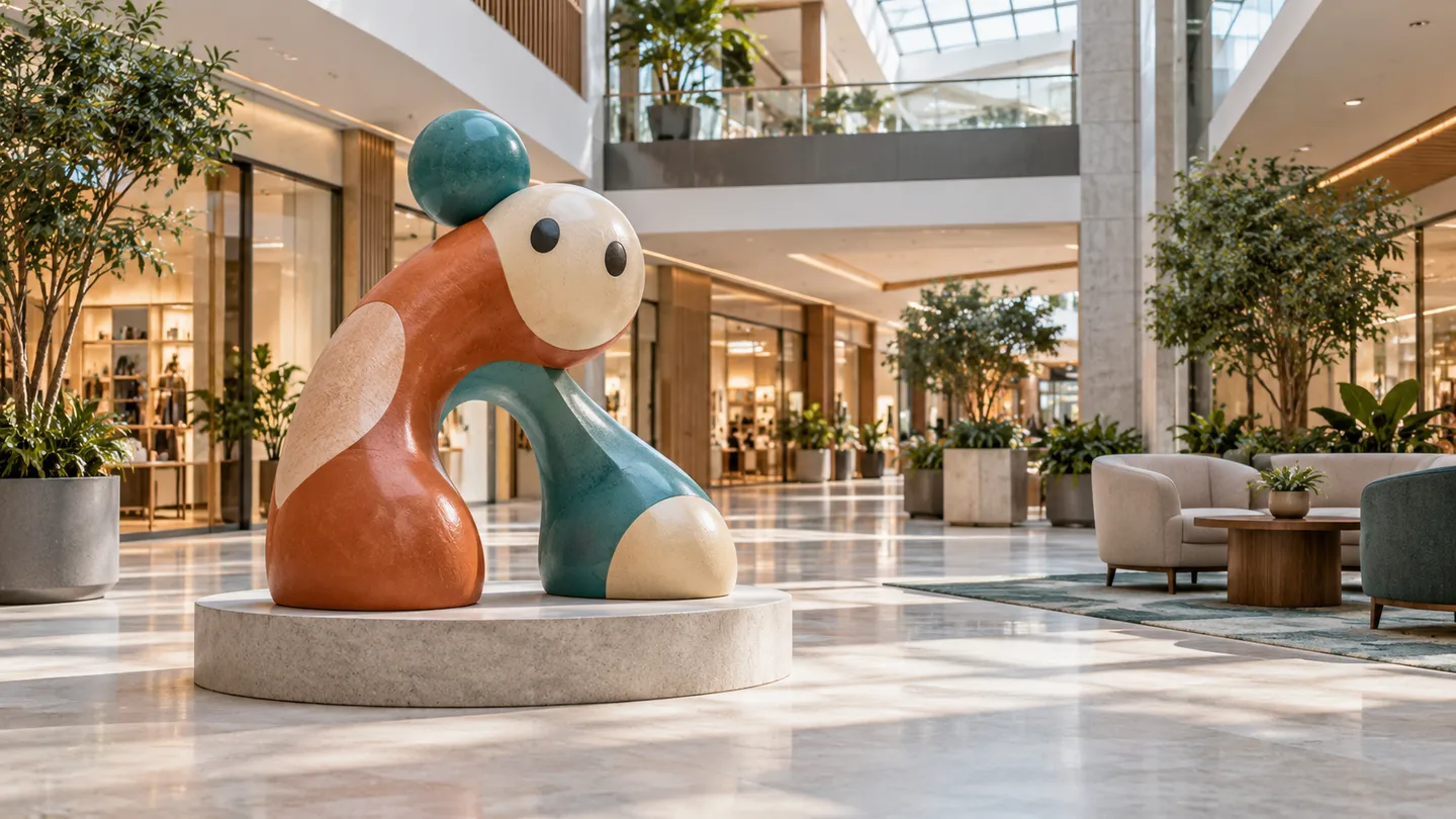 AI concept of an original rounded retail mascot sculpture with separate ordinary seating and open circulation