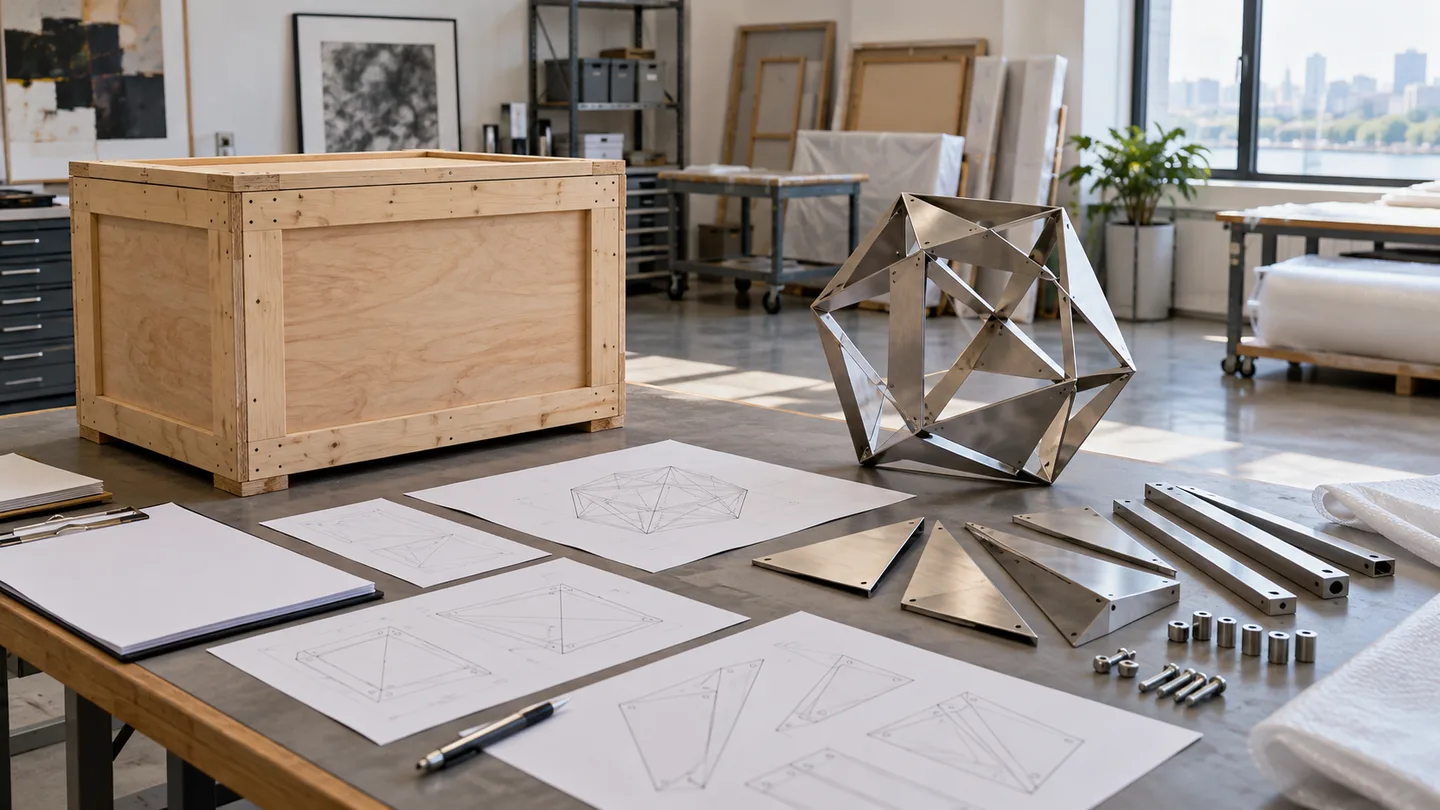 AI concept of separate geometric metal sculpture components and blank planning sheets in a coordination room