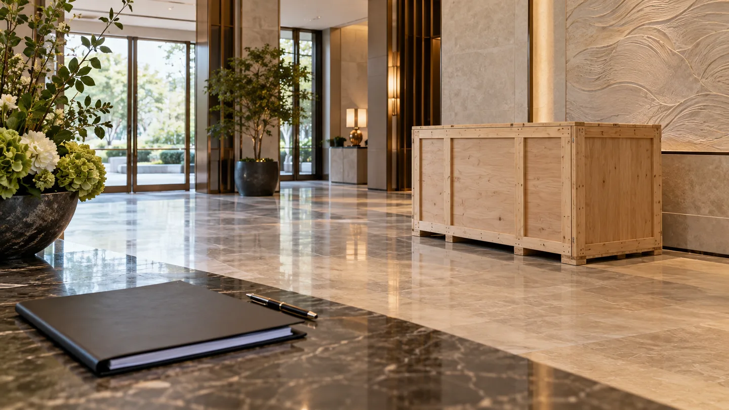 AI concept of an empty hotel receiving area with a closed art crate and a blank handoff folder