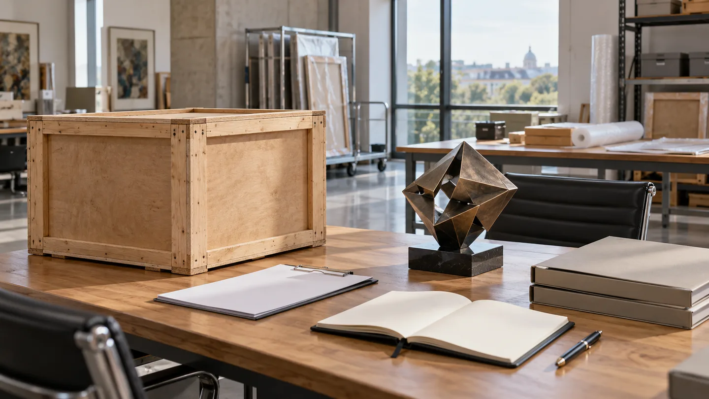 AI concept of an art logistics coordination desk with plain folders and a closed crate beyond