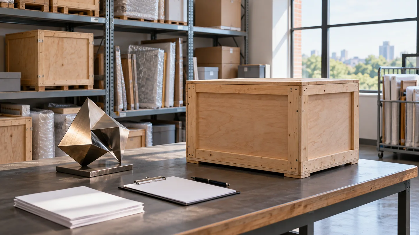 AI concept of an orderly temporary art holding room with a closed plain crate and blank paperwork