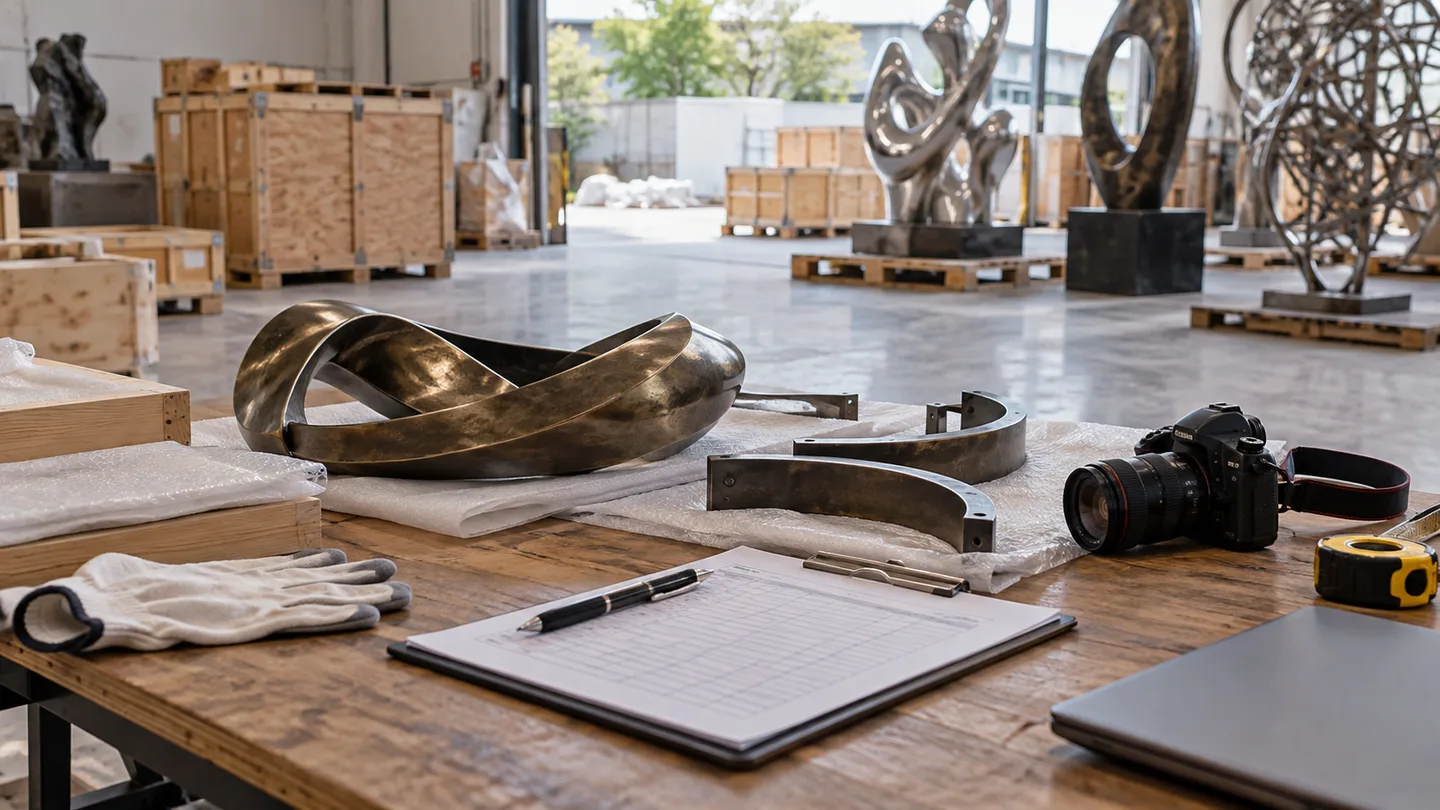 AI concept of a coordination desk with separate sculpture components, a camera and a blank inventory sheet