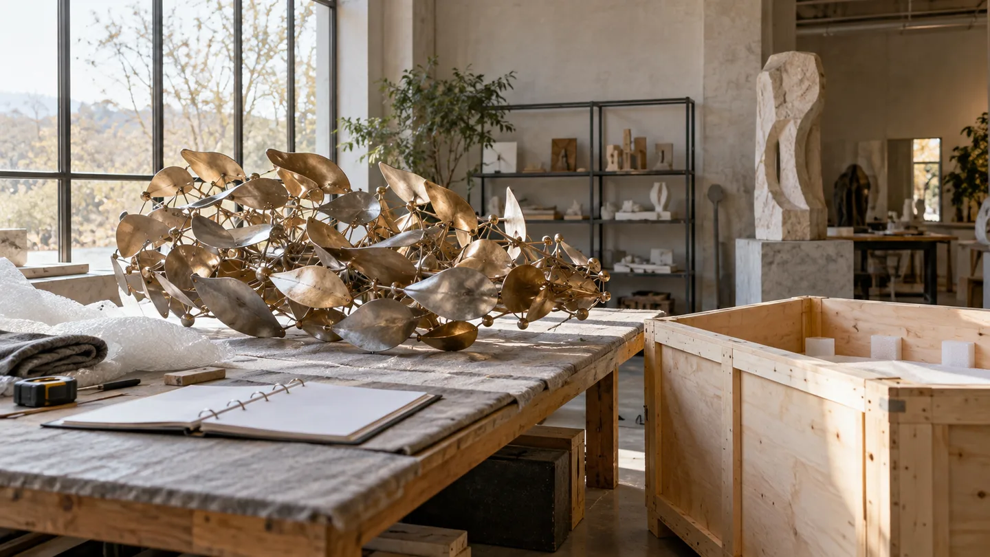 AI concept of a sculptural metal cluster beside a separate open crate and a blank packing brief