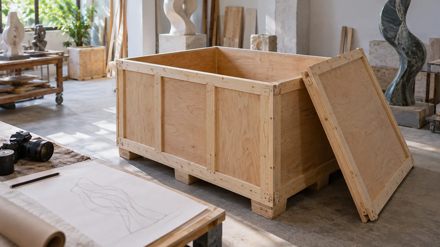 AI concept of an empty art crate with a separate lid beside a blank diagram and camera