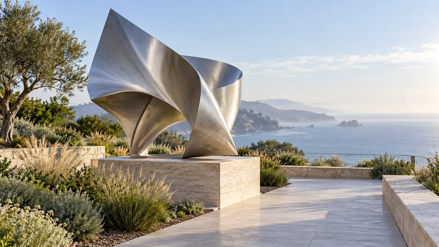 AI concept of an original silver sculptural form on a plinth beside a coastal hotel terrace