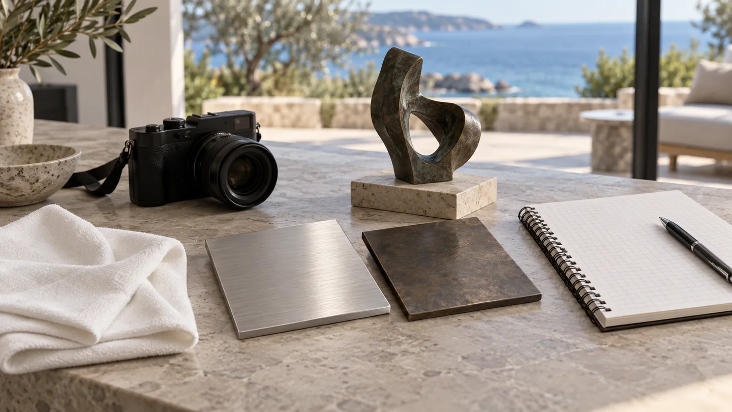 AI concept of separate metal surface samples, a camera and a blank care-record notebook