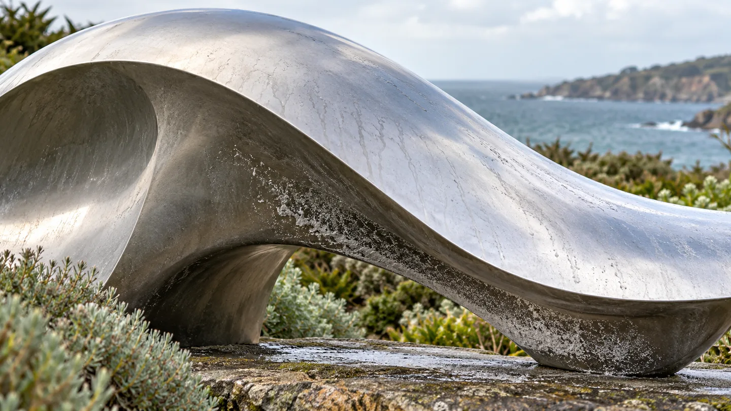 AI concept detail showing an exposed curved metal face and a sheltered underside in a coastal garden