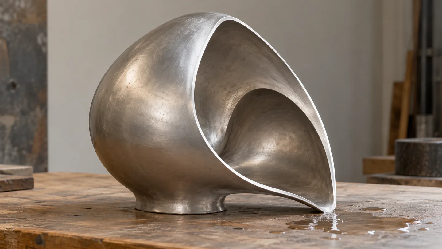 AI concept photograph of a hollow sculptural study with an open side and a lower edge on a studio table