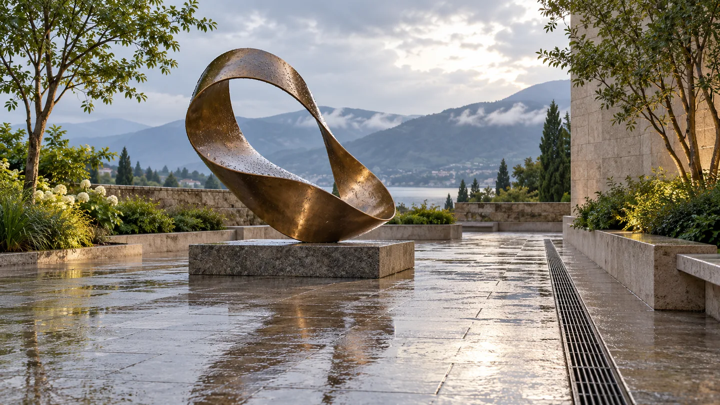 AI concept of an abstract loop sculpture and nearby landscape drain in a courtyard after rain