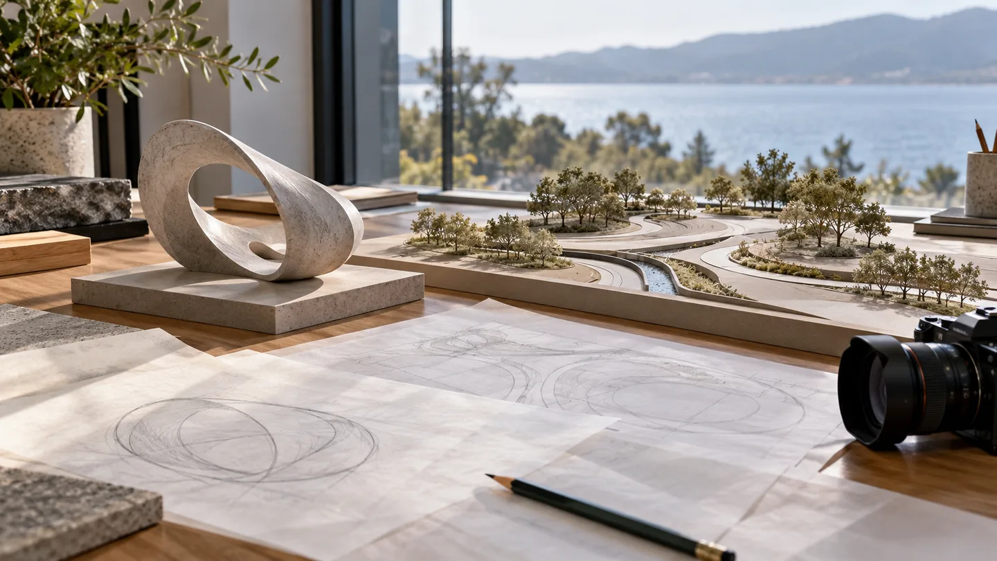 AI concept of a sculpture maquette, landscape model, camera and blank coordination sheets on a design desk