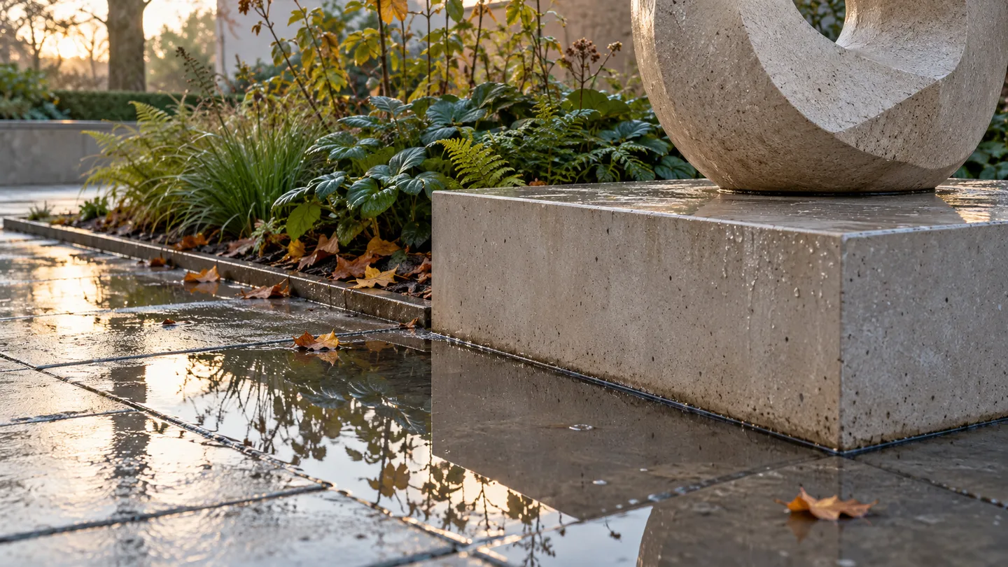 AI concept detail of a sculpture plinth meeting wet paving and a planted courtyard edge